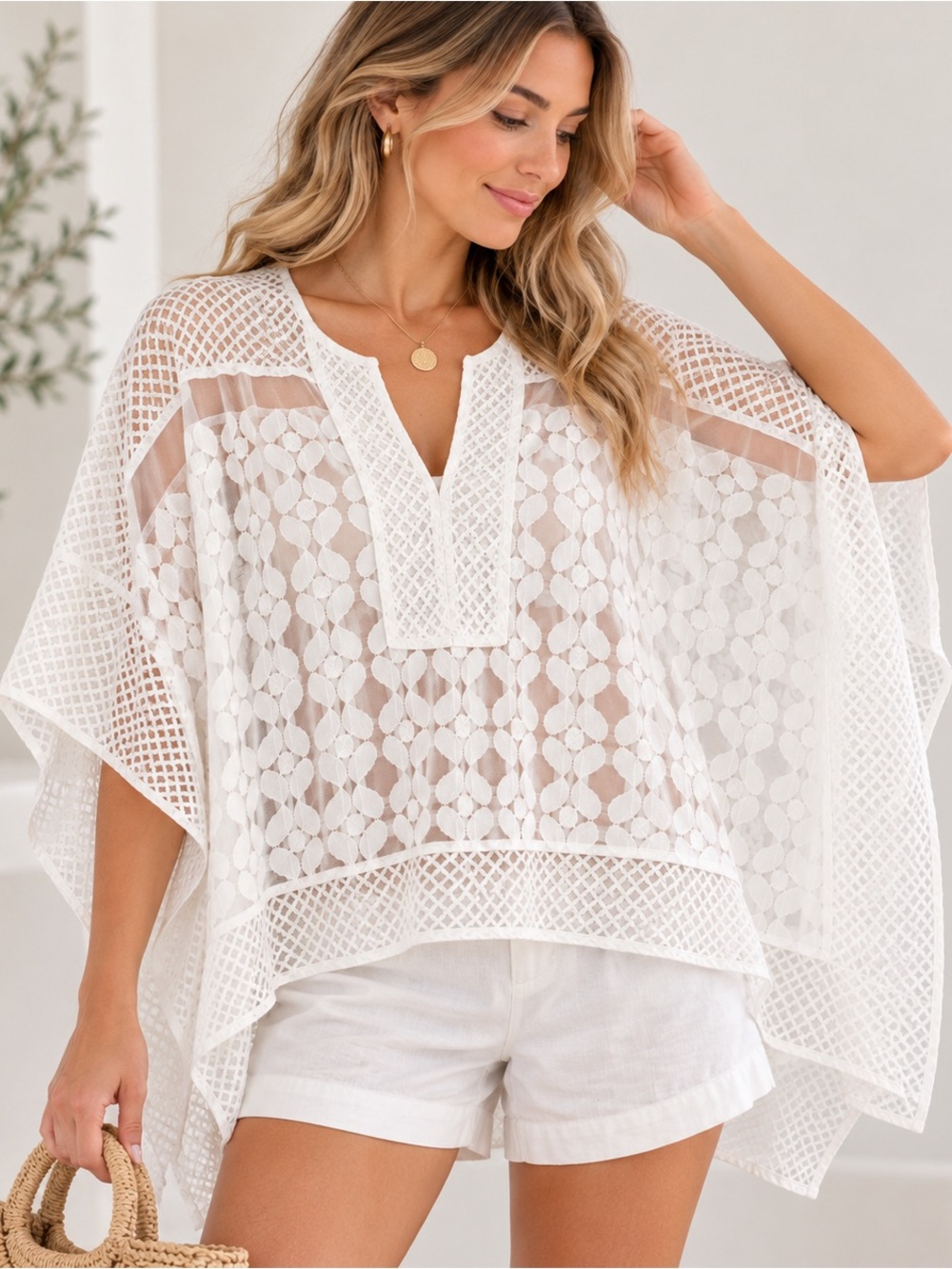 Anthropologie Ivory Lace Crochet Poncho Cover Up One Size Boho Sheer